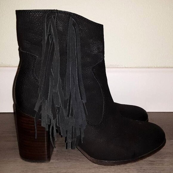 Liebeskind Black Leather ? Fringe High Heeled Ankle Boots Zip Up Booties Size 37 - Picture 2 of 12